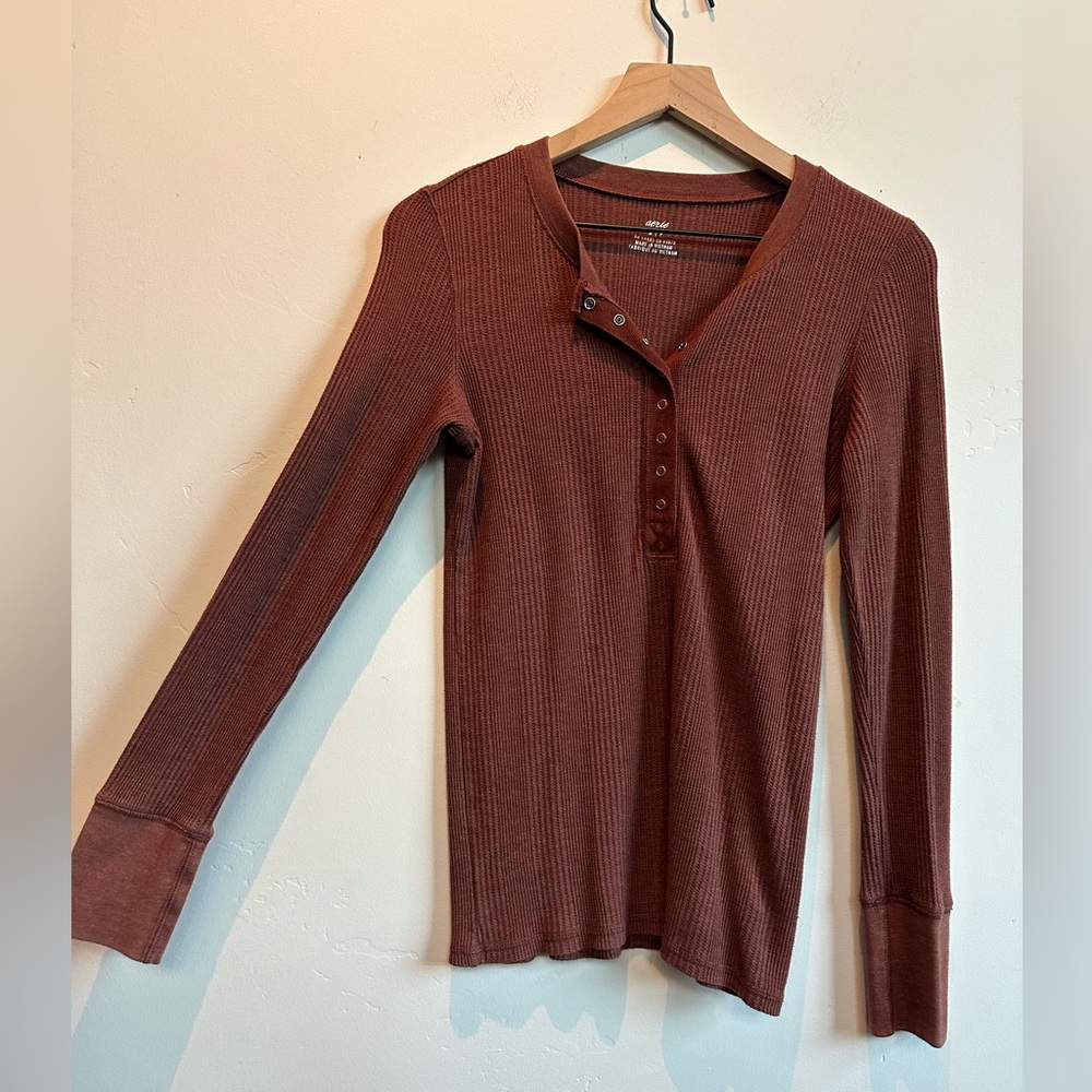aerie Ribbed Henley Long Sleeve - Warm Cocoa color - S